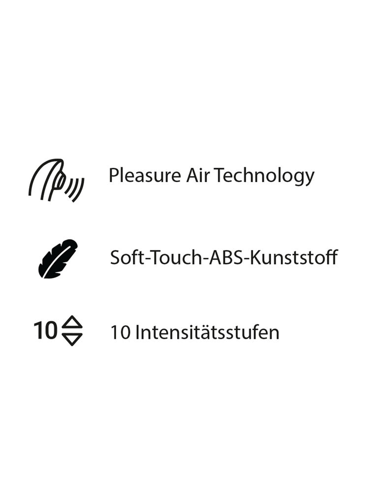 Infografikk som viser funksjoner: Pleasure Air Technology, myk overflate og 10 intensitetsnivåer.