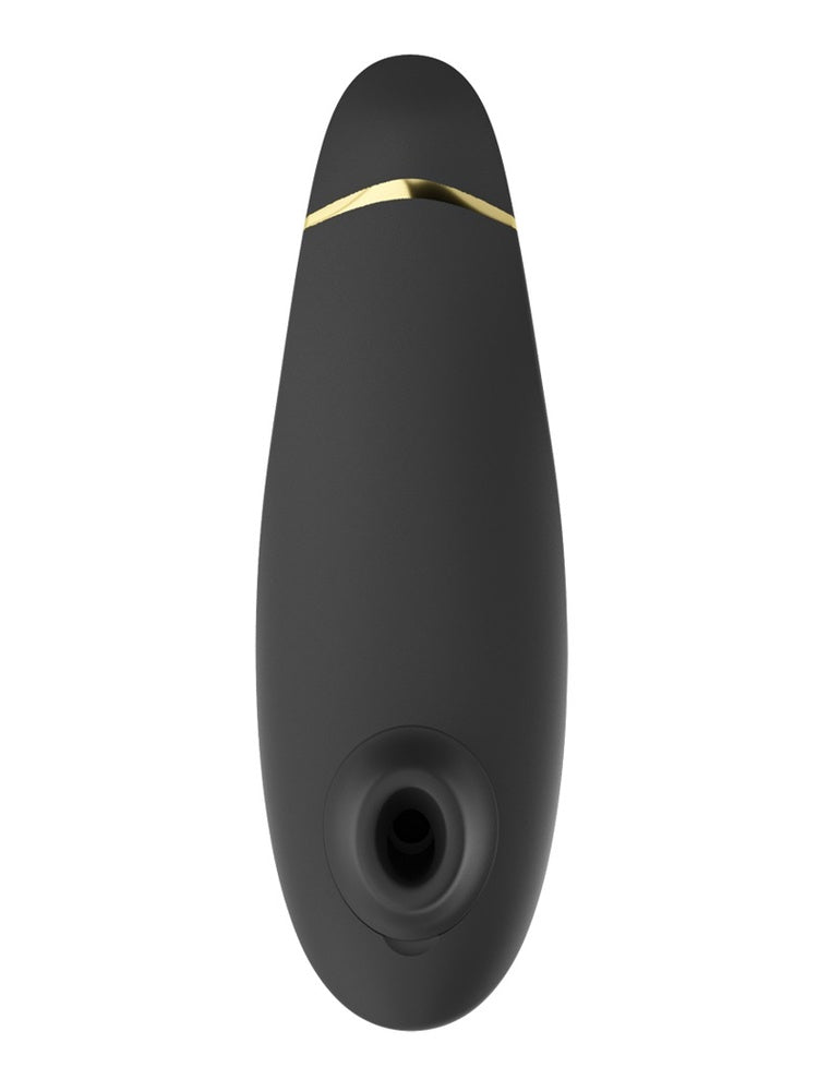 Womanizer Premium 2 sett forfra, med dråpeformet design i svart silikon, gullfarget stripe og stimulatorhode med åpning.