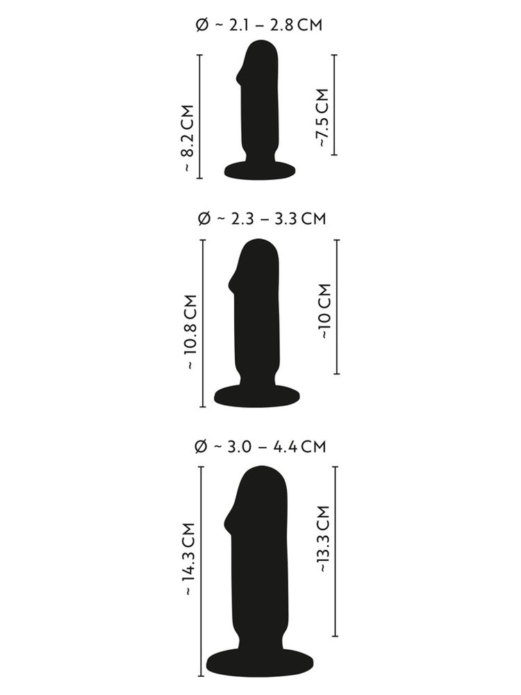 ANOS Buttplug Training Kit – størrelsesdiagram med mål for alle tre plugger: liten 8,2 cm, medium 10,8 cm, stor 14,3 cm