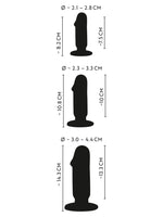 ANOS Buttplug Training Kit – størrelsesdiagram med mål for alle tre plugger: liten 8,2 cm, medium 10,8 cm, stor 14,3 cm