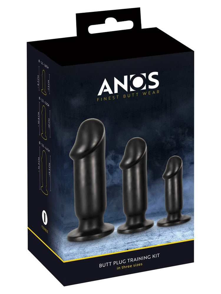 ANOS Buttplug Training Kit – produkteske i svart med tre plugger og måldiagrammer