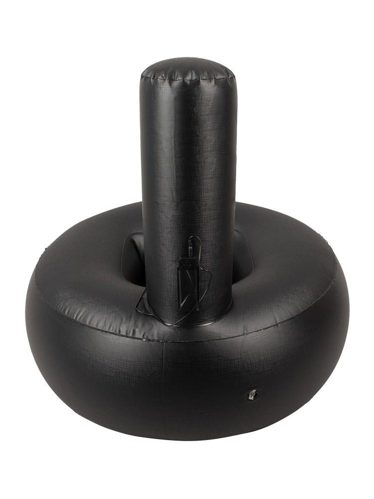 Oppblåsbar sexpute uten vibrator, sett forfra. Viser festemekanisme og ledning i midten av setet.