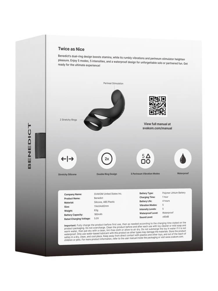 Bakside av emballasje med produktinformasjon for prostatavibrator