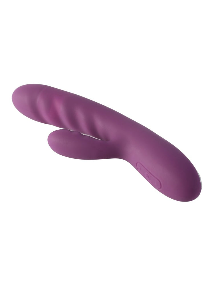 Svakom Avery sett ovenfra i skrå vinkel, med teksturert thrusting-hode, klitorisarm og av/på-knapp på håndtaket.