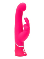 Rosa Happy Rabbit rabbitvibrator sett forfra, med rund G-punkt-topp, klitorisarm med to “ører”, samt hvit ring og knapper på håndtaket.