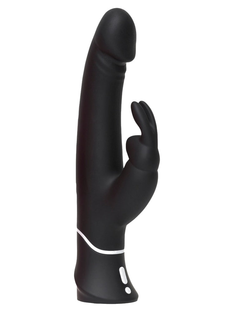 Happy Rabbit realistisk G-punktsvibrator sett fra siden – matt svart silikon med realistisk hode, kaninstimulator med to ører og hvit ring ved håndtaket.