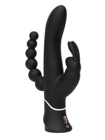Svart rabbitvibrator sett forfra med tre armer: buet G-punkt-del, klitorisstimulator med to “ører”, og en rekke med fem analkuler. Sølvring og knapper på håndtaket.