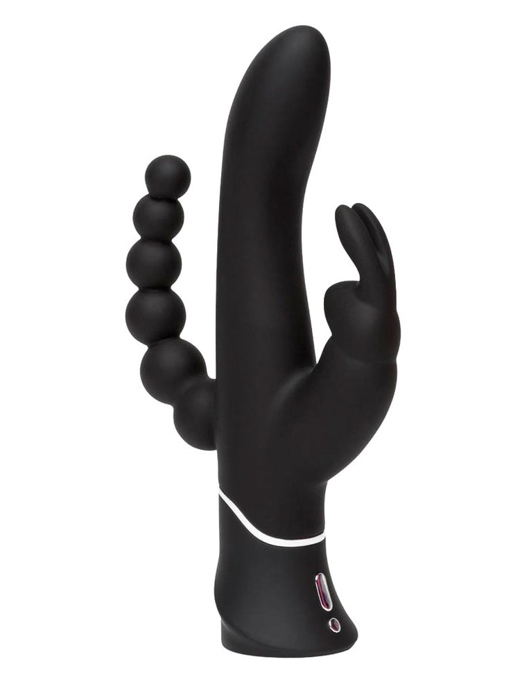 Svart rabbitvibrator sett forfra med tre armer: buet G-punkt-del, klitorisstimulator med to “ører”, og en rekke med fem analkuler. Sølvring og knapper på håndtaket.