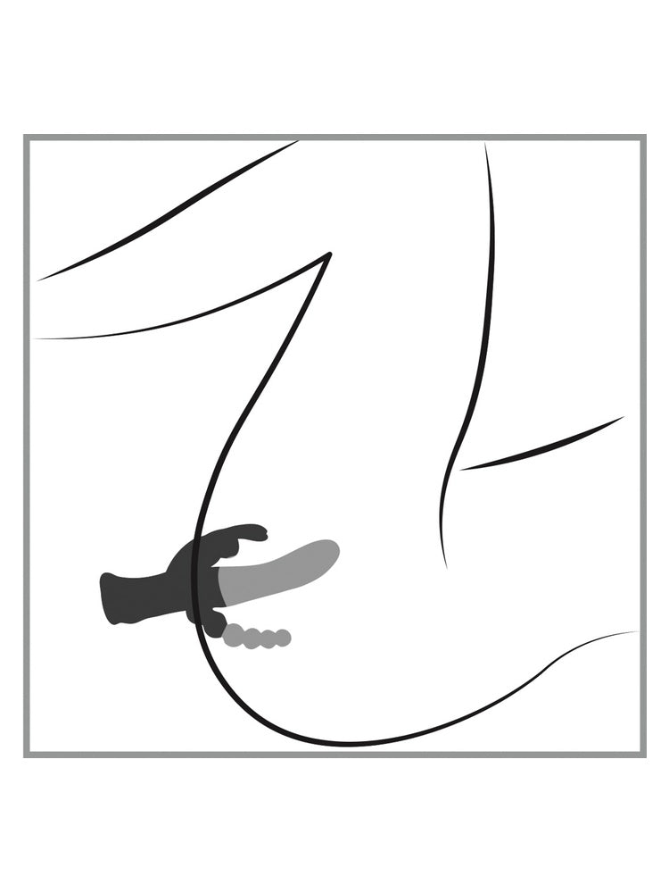Illustrasjon i anatomisk tverrsnitt som viser bruk av vibratoren, med alle tre armer plassert for samtidig stimulering.