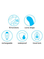 Infografikk med produktegenskaper: 15 funksjoner, curve shape, oppladbar, vanntett og travel lock.