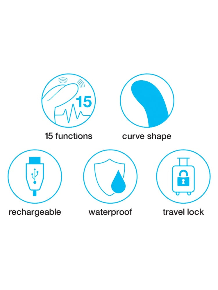 Infografikk med produktegenskaper: 15 funksjoner, curve shape, oppladbar, vanntett og travel lock.