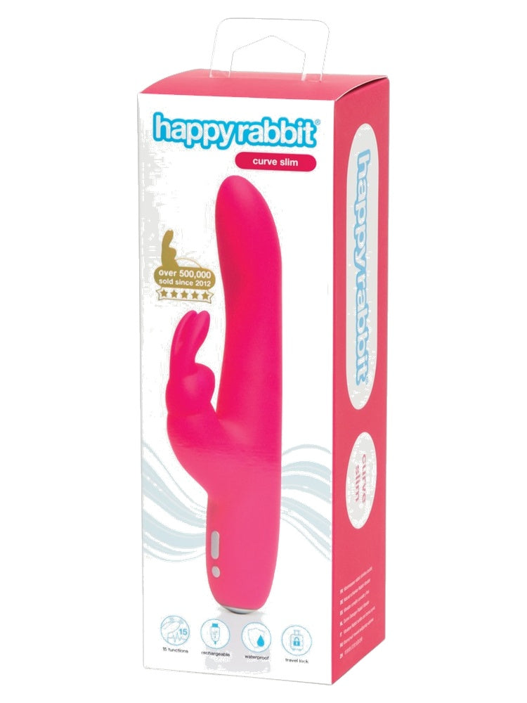 Happy Rabbit Curve Slim i originalemballasje – hvit og rosa produkteske med teksten “over 500,000 sold since 2012” og ikoner for 15 funksjoner, oppladbar, vanntett og travel lock.
