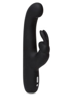 Happy Rabbit G-Spot Slim rabbitvibrator sett fra siden – matt svart silikon med avrundet G-punkt-hode, kaninstimulator med to ører og to grå kontrollknapper.