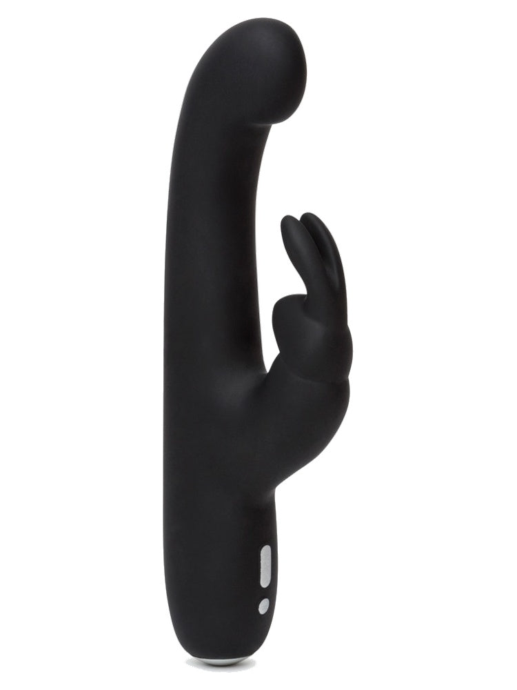 Happy Rabbit G-Spot Slim rabbitvibrator sett fra siden – matt svart silikon med avrundet G-punkt-hode, kaninstimulator med to ører og to grå kontrollknapper.