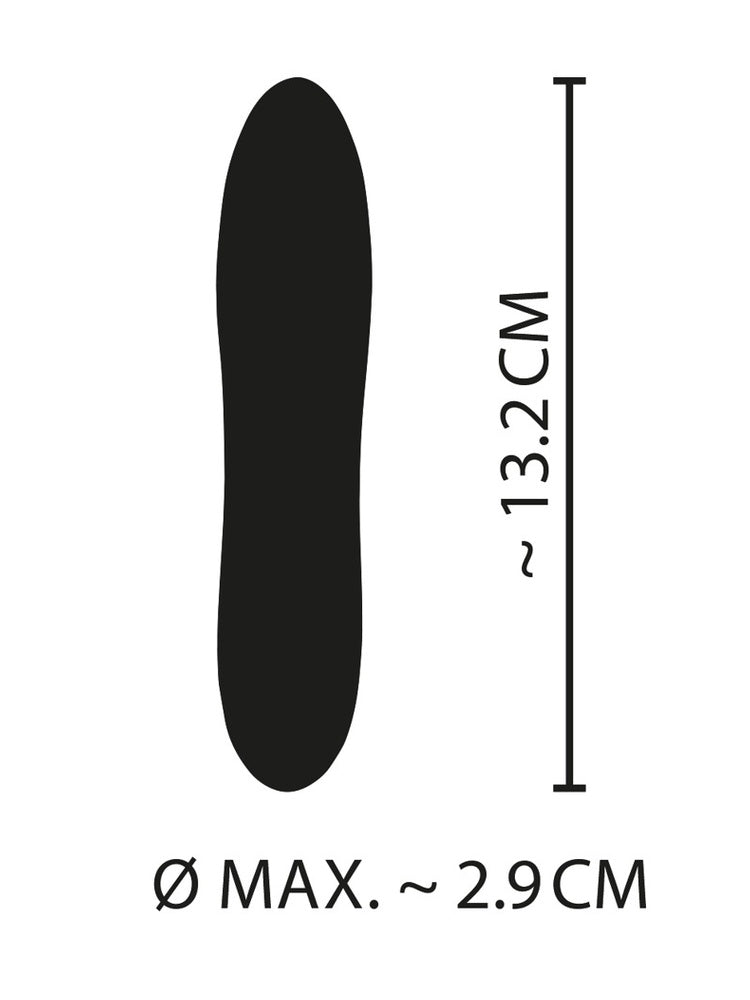 Måttdiagram för Cuties gul minivibrator: längd ca 13,2 cm, maxdiameter ca 2,9 cm. Svart siluett mot vit bakgrund.