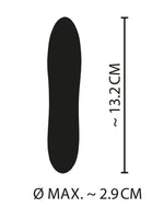 Måttdiagram för Cuties gul minivibrator: längd ca 13,2 cm, maxdiameter ca 2,9 cm. Svart siluett mot vit bakgrund.