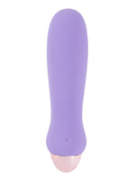 Cuties minivibrator i lilla silikon med roségullfarget bunn, sett forfra mot hvit bakgrunn.