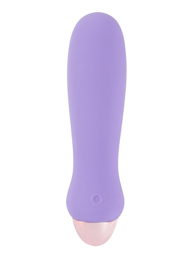 Cuties minivibrator i lilla silikon med roségullfarget bunn, sett forfra mot hvit bakgrunn.