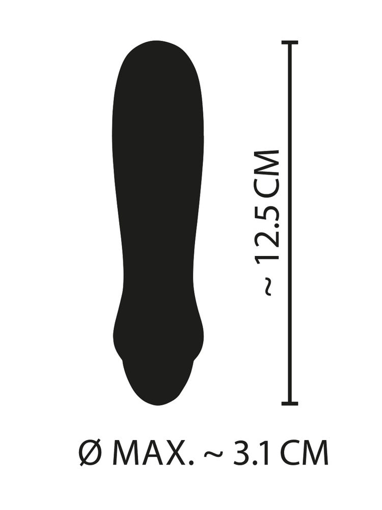 Måldiagram for Cuties minivibrator: lengde ca. 12,5 cm og maksimal diameter ca. 3,1 cm. Svart silhuett mot hvit bakgrunn.