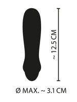 Måldiagram for Cuties minivibrator: lengde ca. 12,5 cm og maksimal diameter ca. 3,1 cm. Svart silhuett mot hvit bakgrunn.