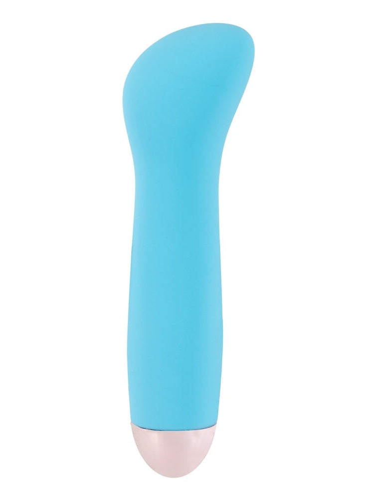Cuties G-punkt minivibrator i turkisblå silikon med buet tupp og roségullfarget bunn, sett fra siden mot hvit bakgrunn.