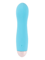 Cuties minivibrator i turkisblå silikon, sett forfra med avrundet hode og synlig knapp mot hvit bakgrunn.
