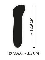 Måldiagram for Cuties blå minivibrator: lengde ca. 12,9 cm og maksimal diameter ca. 3,5 cm. Svart silhuett mot hvit bakgrunn.