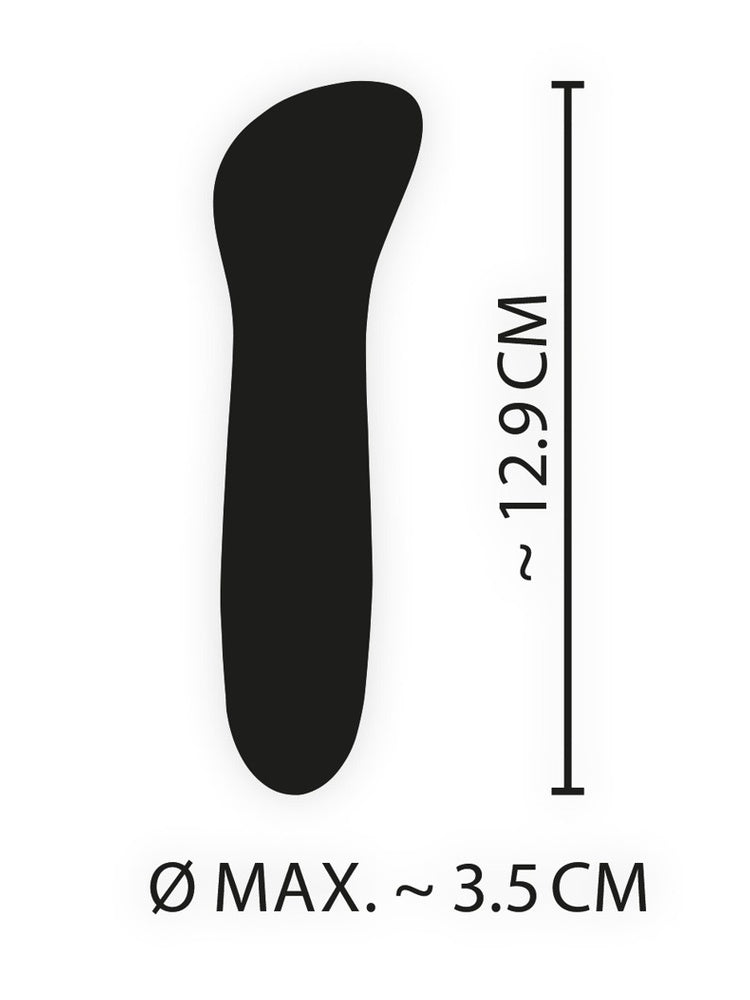 Måldiagram for Cuties blå minivibrator: lengde ca. 12,9 cm og maksimal diameter ca. 3,5 cm. Svart silhuett mot hvit bakgrunn.