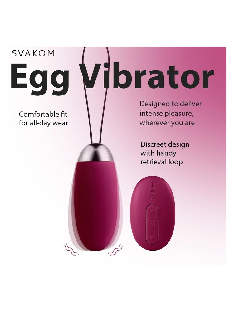 Svakom Elva Vibrerende Egg Plomme – infografikk med rosa gradientbakgrunn, viser egg og fjernkontroll med fokus på komfort, diskret design og henteløkke.
