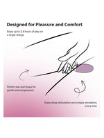 Svakom Elva Vibrerende Egg Plomme – infografikk “Designed for Pleasure and Comfort” med illustrasjon av bruk, samt informasjon om opptil 2,5 timers brukstid og intern stimulering.