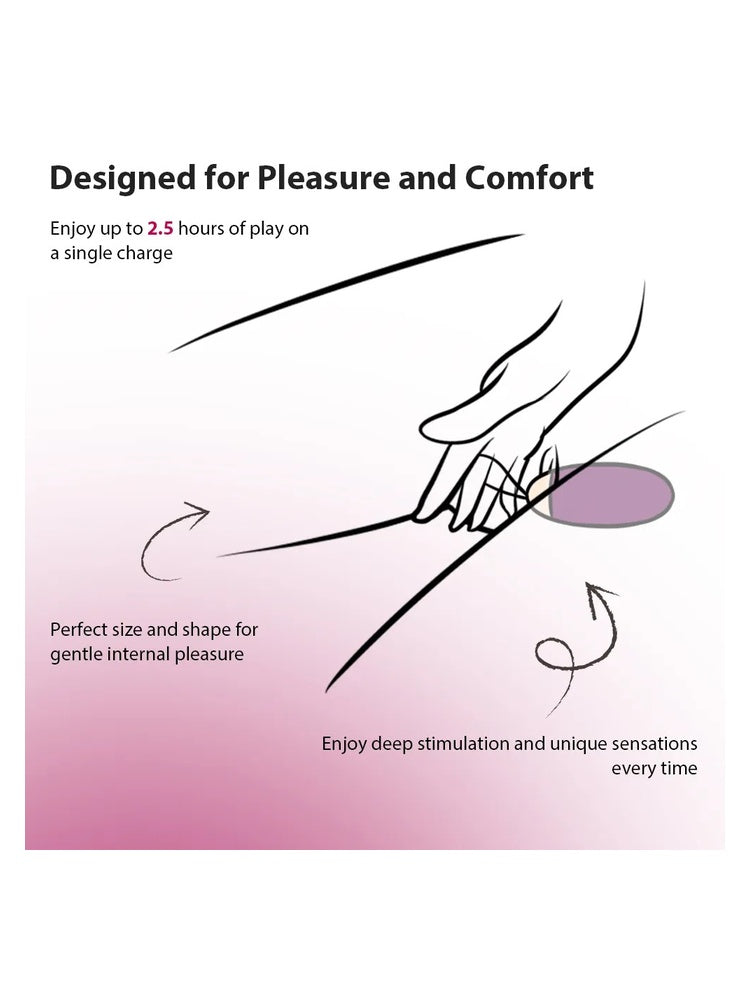 Svakom Elva Vibrerende Egg Plomme – infografikk “Designed for Pleasure and Comfort” med illustrasjon av bruk, samt informasjon om opptil 2,5 timers brukstid og intern stimulering.