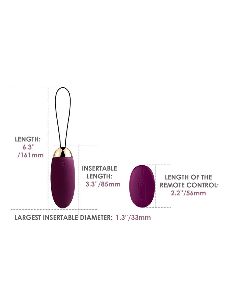 Svakom Elva Vibrerende Egg Plomme – målbilde med dimensjoner: total lengde 161 mm, innførbar lengde 85 mm, diameter 33 mm, fjernkontroll 56 mm, hvit bakgrunn.