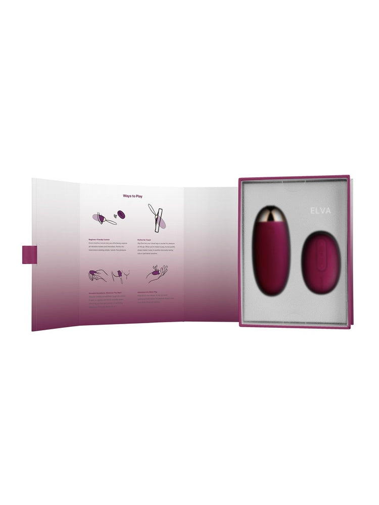 Svakom Elva Vibrerende Egg Plomme – front av produkteske med hvit/rosa gradient, produktnavn “ELVA – Bullet Vibrator with Remote Control”, Svakom-logo og produktbilde.