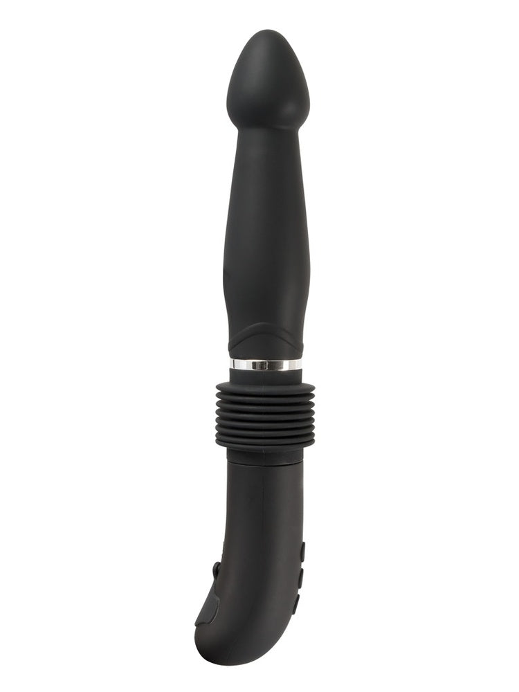 RC Fucking Machine uten stativ sett forfra, med buet håndtak, knapper og thrusting-del med sølvfarget ring mot hvit bakgrunn.
