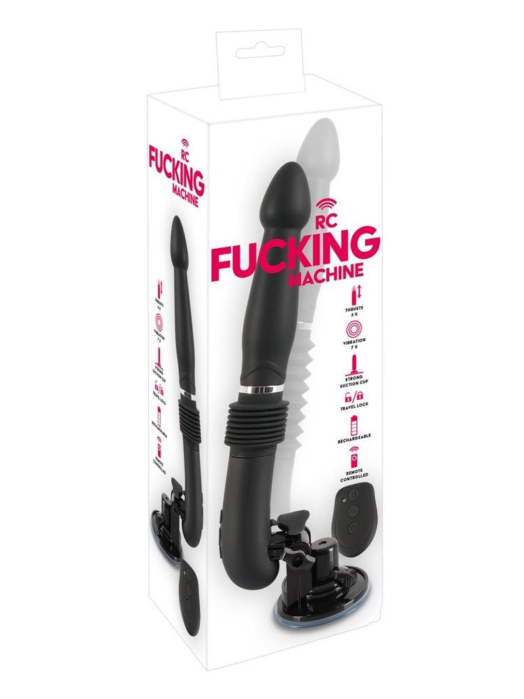 RC Fucking Machine i originalemballasje – hvit eske med “RC Fucking Machine”-logo og funksjonsliste: 3 thrusts, 7 vibrations, strong suction cup, travel lock, rechargeable og remote controlled.