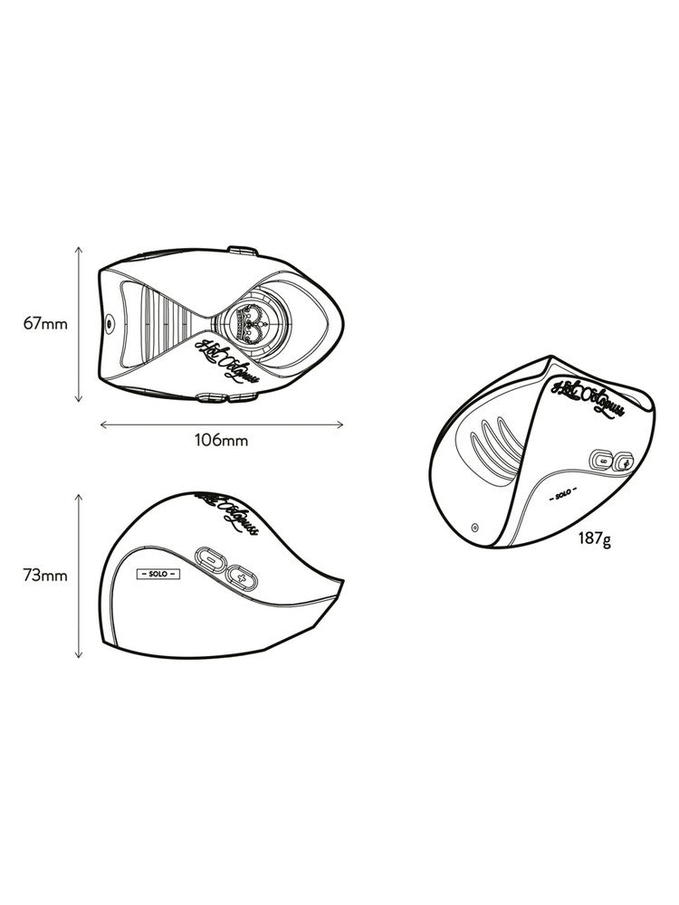 Hot Octopuss Pulse Solo Essential – skisse med mål: 106 × 67 × 73 mm, 187 g