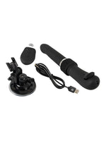 RC Fucking Machine 2.0 vist demontert med alle deler: sugekopp med beslag, fjernkontroll, USB-ladekabel og selve enheten.