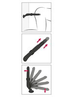 Instruksjonsdiagram med tre paneler: bruk med sugekopp mot vegg, pildiagram som viser thrusting-bevegelse (frem/tilbake), samt ulike vinkelinnstillinger.