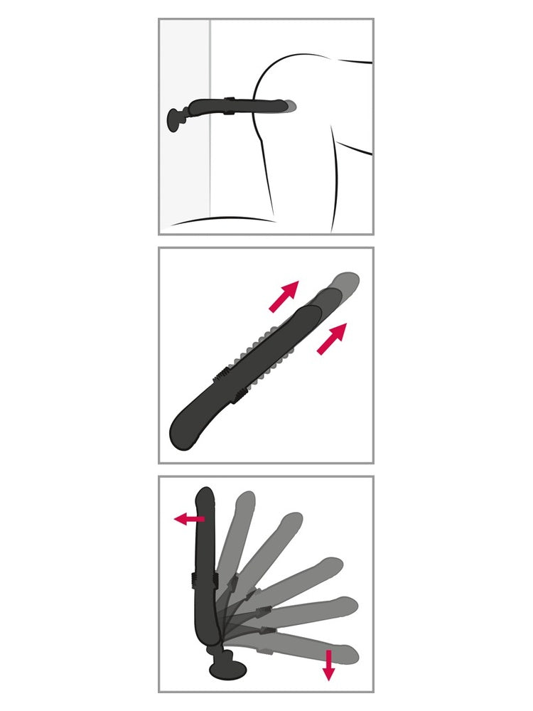 Instruksjonsdiagram med tre paneler: bruk med sugekopp mot vegg, pildiagram som viser thrusting-bevegelse (frem/tilbake), samt ulike vinkelinnstillinger.