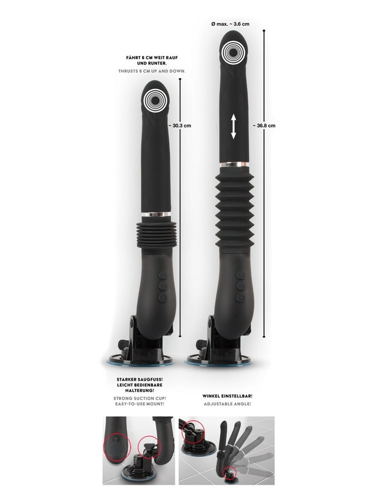 Målillustrasjon for RC Fucking Machine 2.0. Viser lengde ca. 30,3 cm (inntrukket) og 36,8 cm (utstrakt), maks diameter ca. 3,6 cm. Inkluderer informasjon om 6 cm slaglengde, sugekopp og justerbar vinkel.