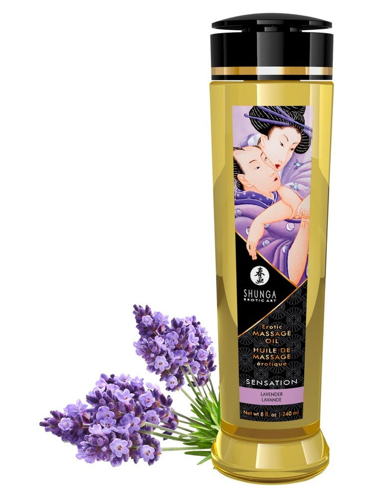 Shunga Erotic Art massageolja – Sensation Lavender, 240 ml, med lavendelblommor mot vit bakgrund