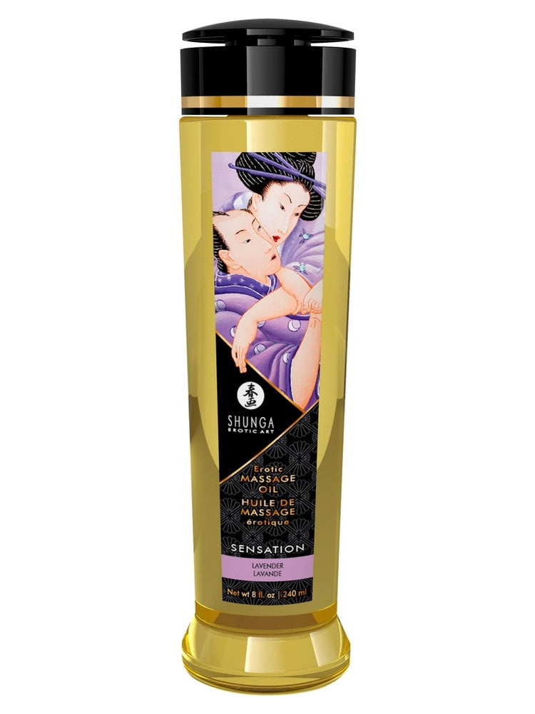 Shunga Erotic Art massageolja – Sensation Lavender, 240 ml, framsida mot vit bakgrund
