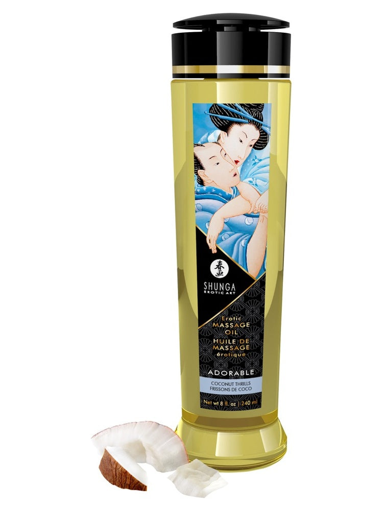 Shunga Erotic Art massageolja – Adorable Coconut Thrills, 240 ml, med kokosnöt mot vit bakgrund

