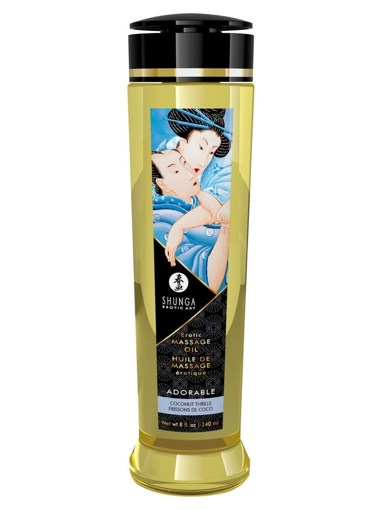 Shunga Erotic Art massageolja – Adorable Coconut Thrills, 240 ml, framsida mot vit bakgrund