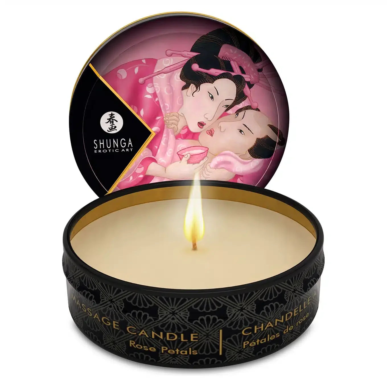 Shunga massage candle with rose petals scent in black tin, open lid showing romantic art