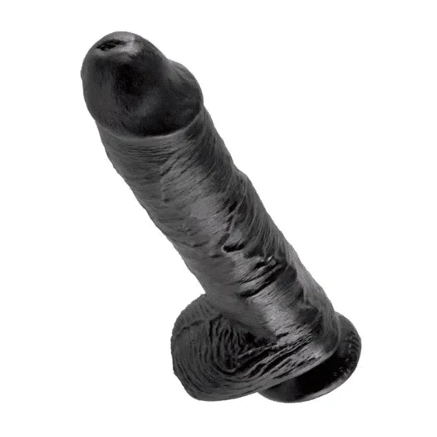 Realistic black dildo with textured details and suction base, adult sex toy product.