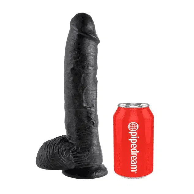 Large realistic black dildo with suction base next to red comparison can on white background