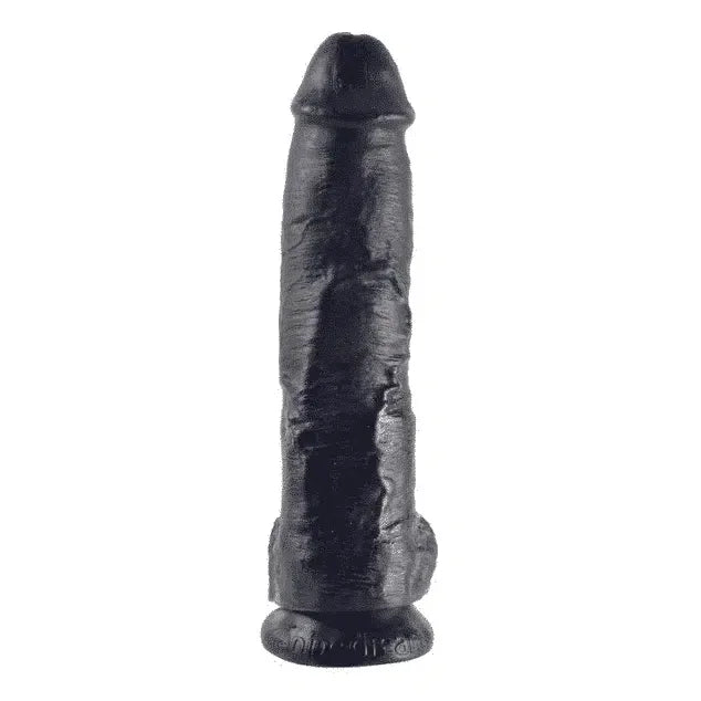 Realistic black dildo with detailed texture and suction cup base for adults.