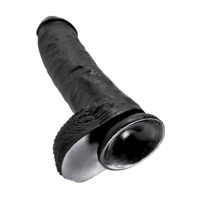 Realistic black dildo with veined texture and suction cup base, photographed on white background.
