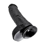 Realistic black dildo with veined texture and suction cup base, photographed on white background.
